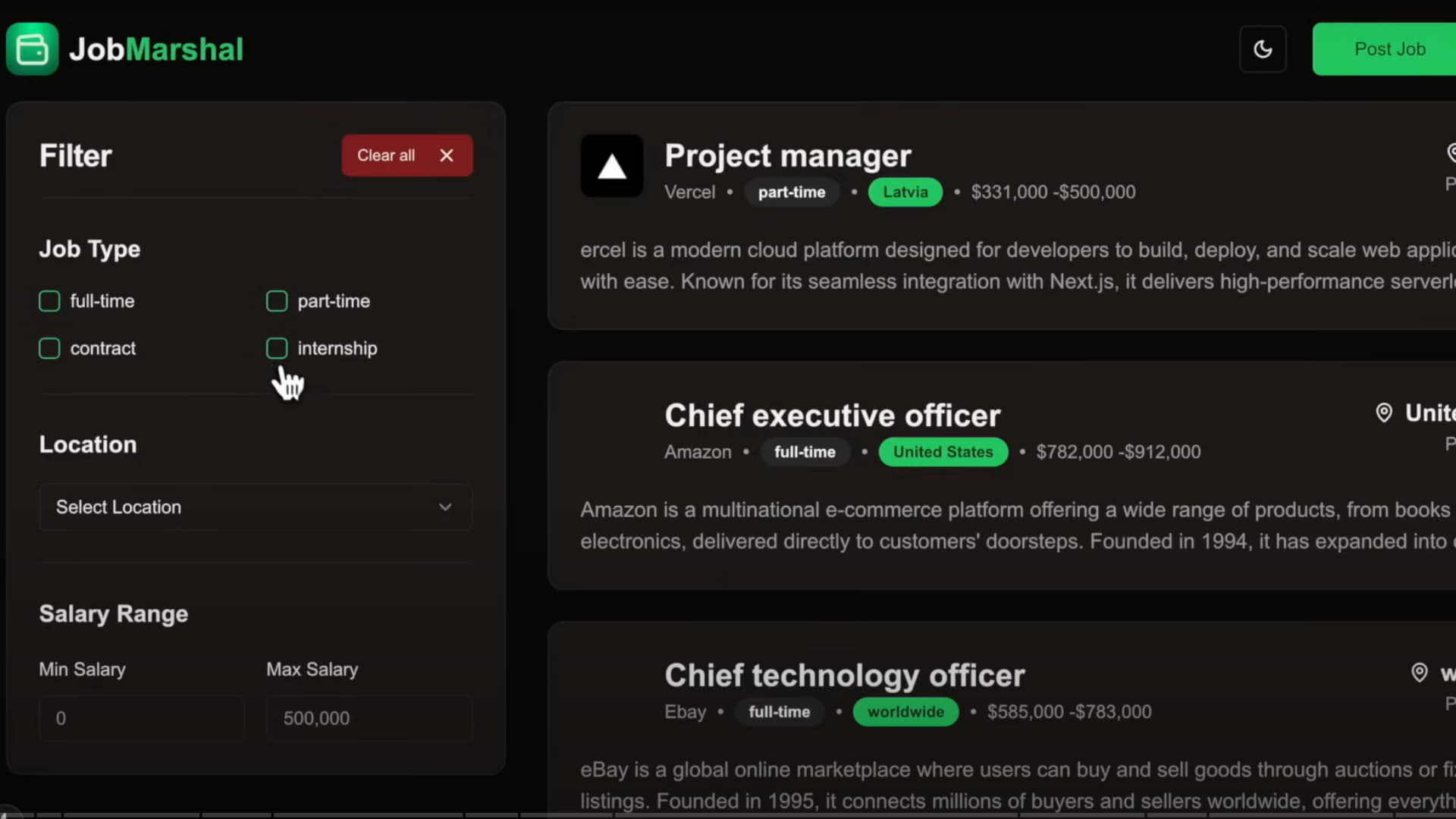 Screenshot of custom-built job board platform